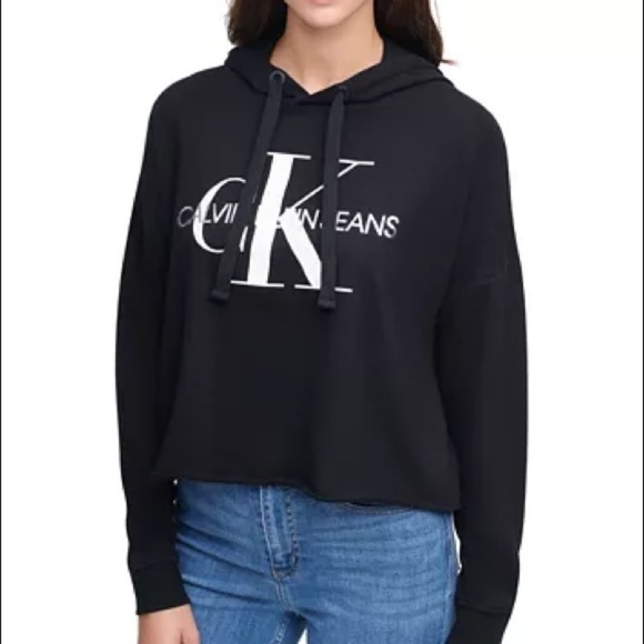 Calvin Klein Jeans Logo Hooded Cropped Sweatshirt - Picture 1 of 7